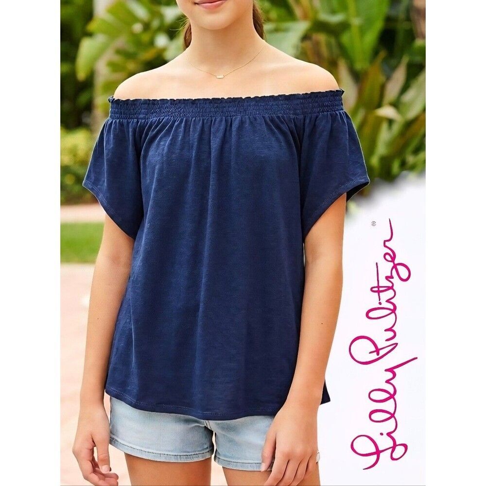 Lilly Pulitzer Youth Women Navy Off Shoulder smocked neckline Top Size XS/ XXS